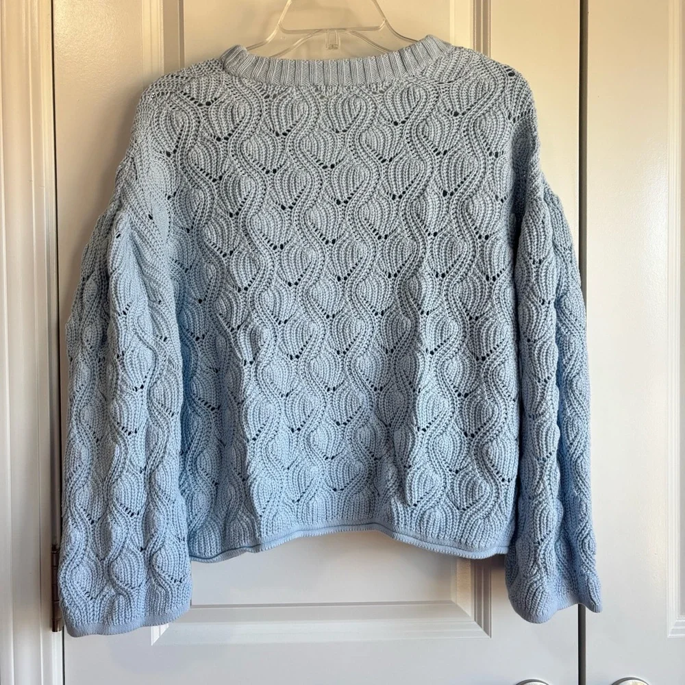 BN2 Alya Baby Blue Cable Knit Crochet Sweater‎ Puffed Slouchy Sleeve Large